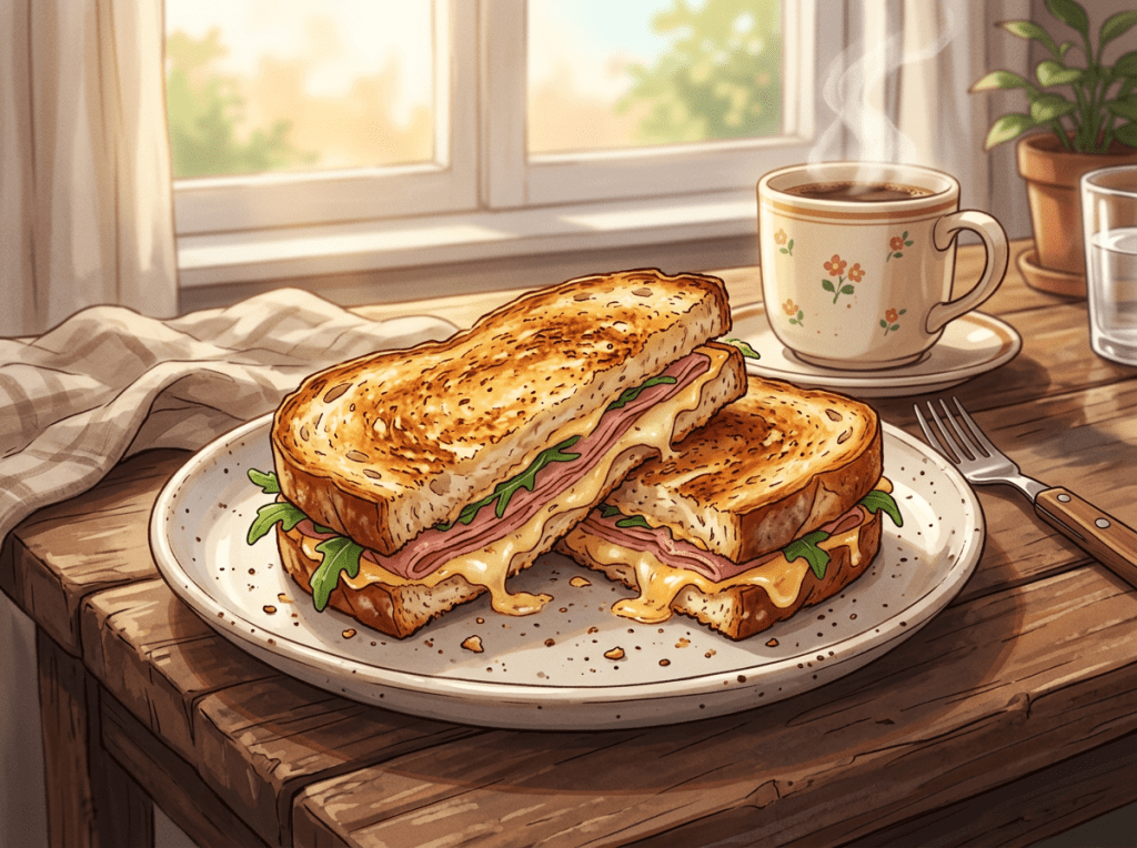 Toasted sandwich with melted cheese, ham, and greens on plate